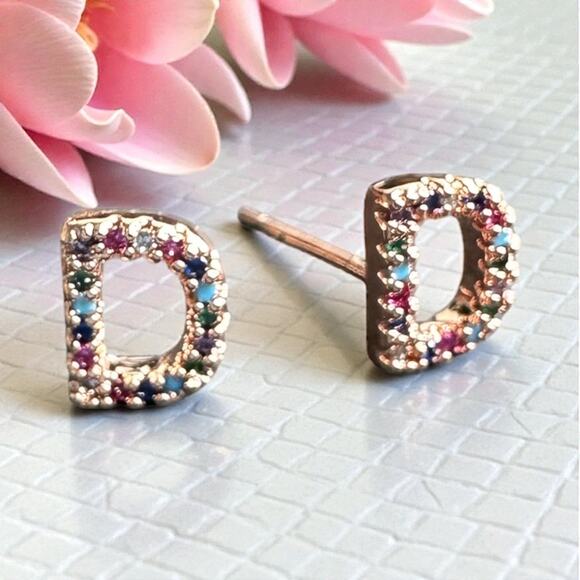Letter D Initial Earrings Women Rainbow CZ Rose Gold Plated Hypoallergenic Studs - Picture 2 of 7